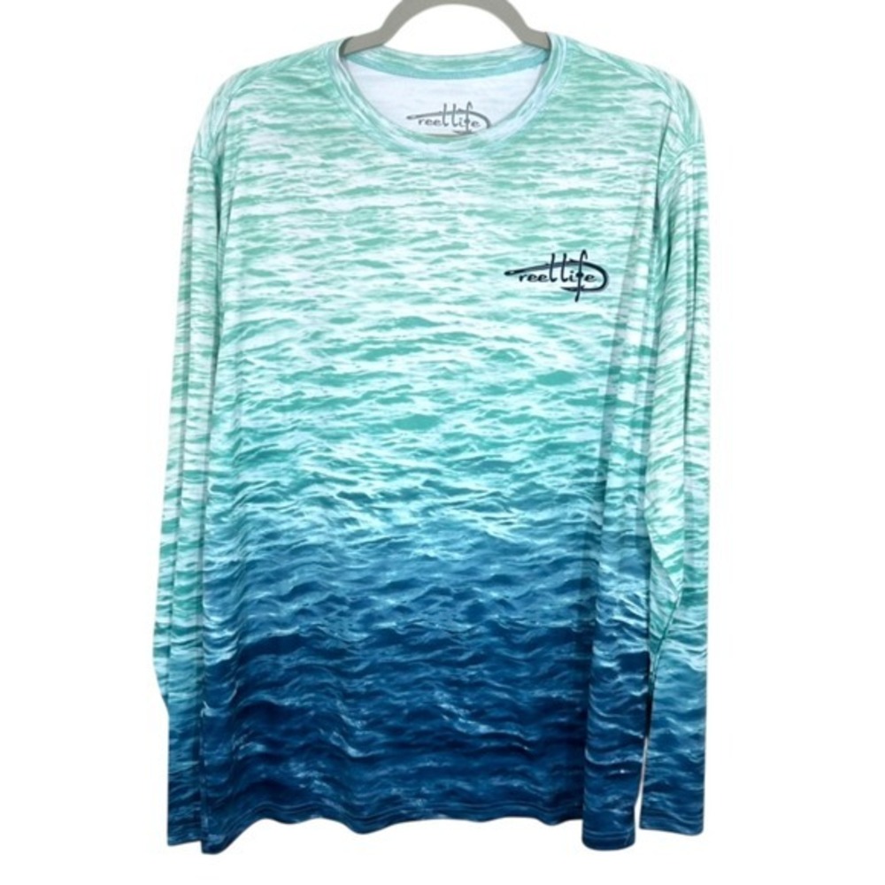 Reel Life Men's Long Sleeve Blue Green Water Print Performance Fishing Shirt‎ XL
